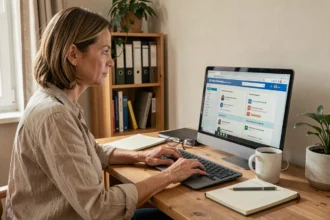Femme utilisant un portail administratif en ligne depuis son bureau à domicile en Normandie
