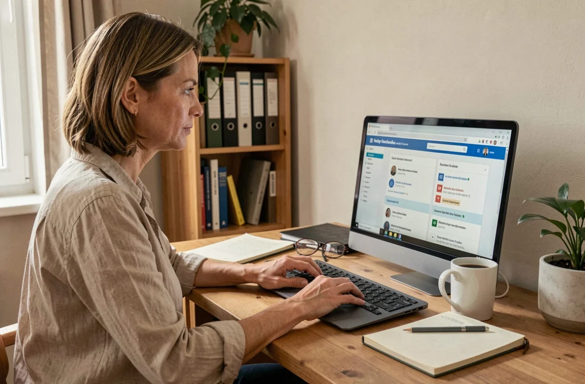 Femme utilisant un portail administratif en ligne depuis son bureau à domicile en Normandie