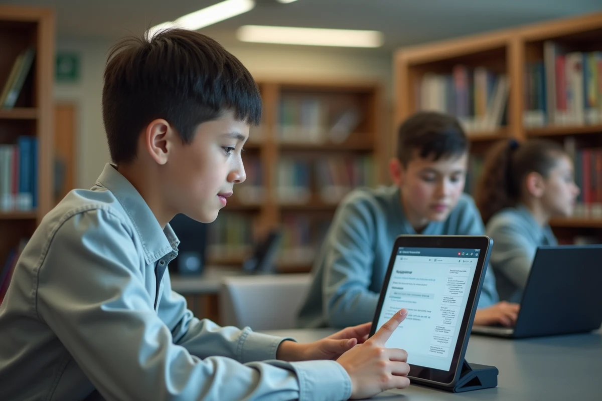 Adolescent consultant la messagerie de l'ENT sur une tablette dans une bibliothèque scolaire