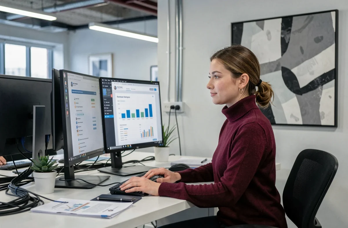 Analyste e-commerce et référencement de l'agence Sorank examinant des rapports de performance SEO sur double écran