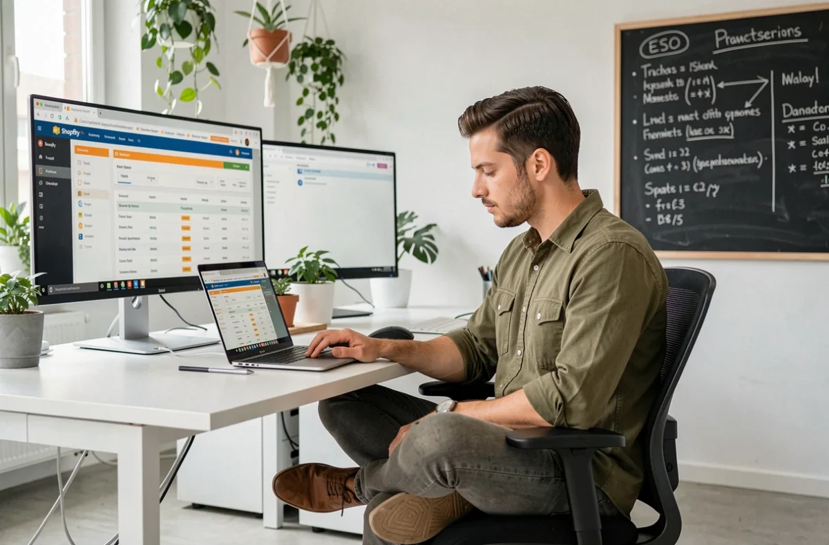 Spécialiste SEO Shopify de l'agence Triaina analysant des rapports de positionnement pour une boutique en ligne