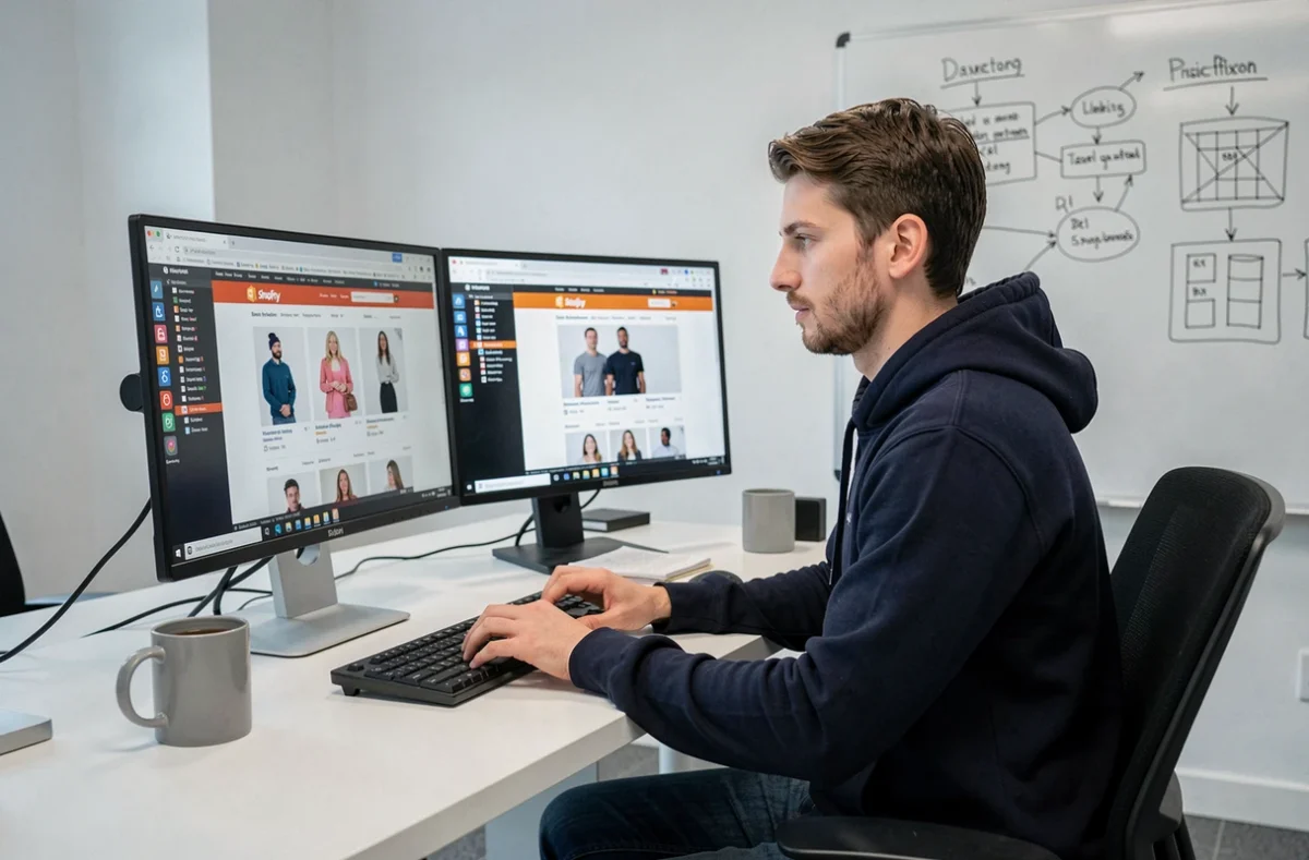 Développeur Shopify de l'agence Blizzard à Dijon travaillant sur une boutique en ligne depuis son poste de travail