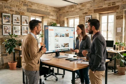 Équipe d'une agence digitale en Bourgogne-Franche-Comté travaillant sur des projets Shopify dans un bureau moderne aux murs en pierre