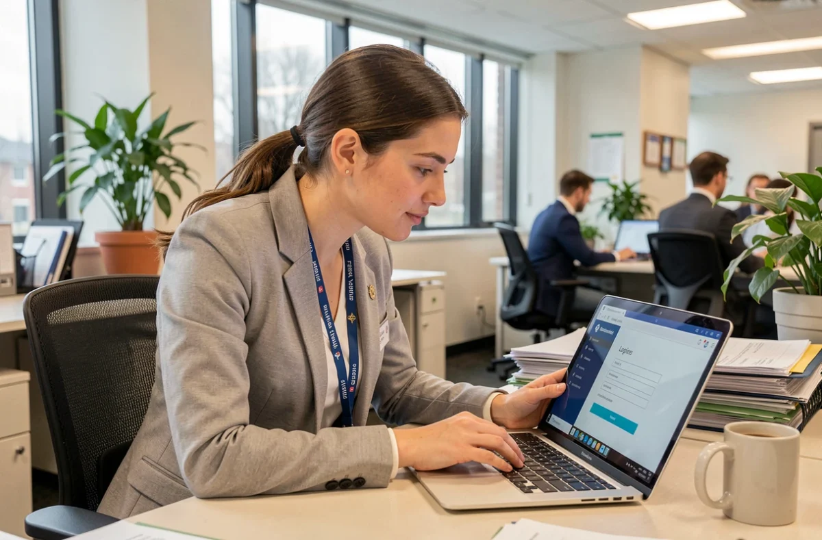 Agente administrative consultant un formulaire de connexion Artemis sur un ordinateur portable dans un bureau de service départemental d'incendie