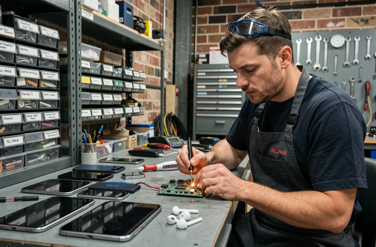Technicien ALL RPAIR de Colombes travaillant sur une carte électronique dans son atelier de réparation smartphones et électronique