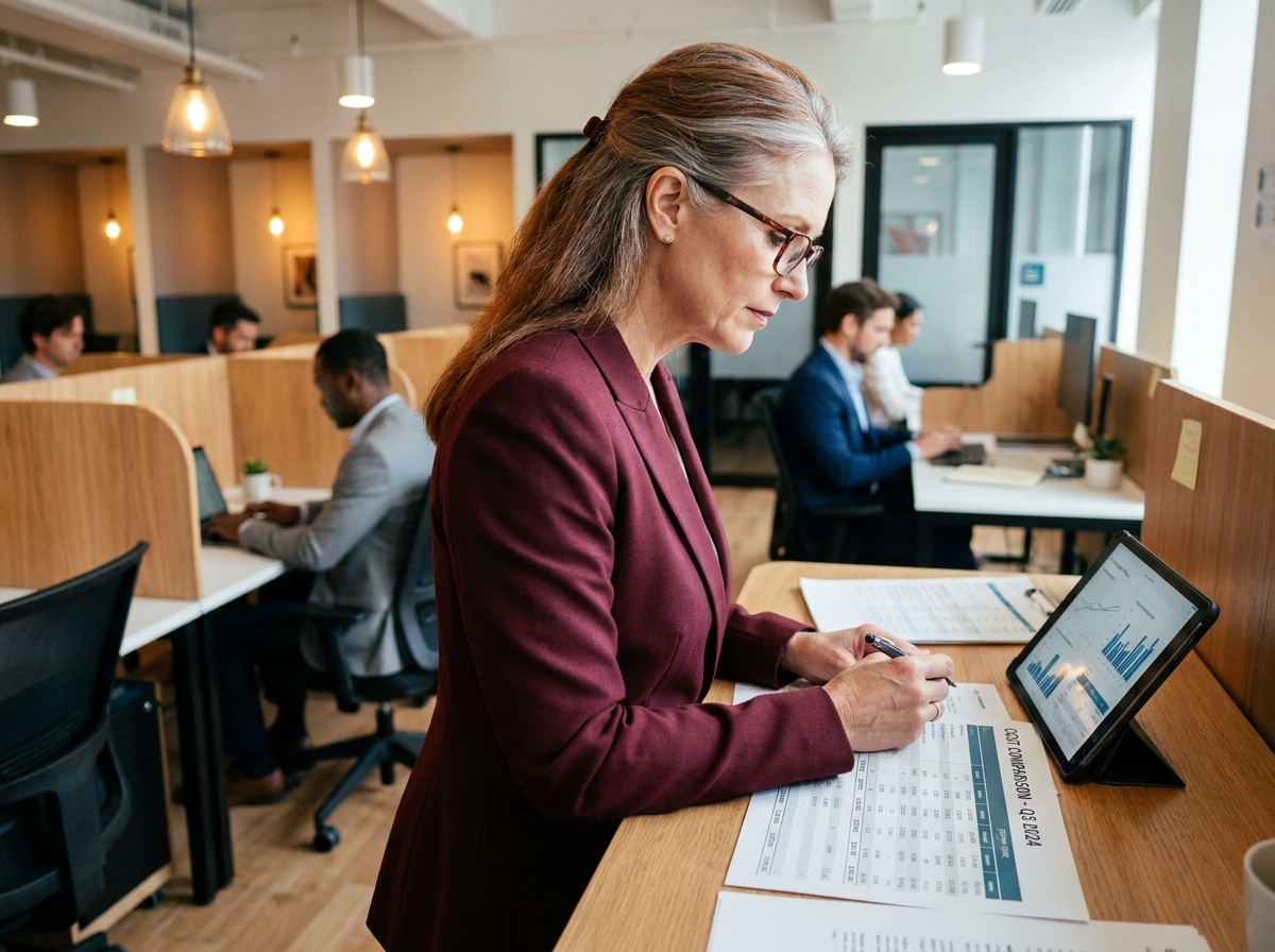 Cadre indépendante analysant une comparaison des coûts du portage salarial dans un espace de coworking