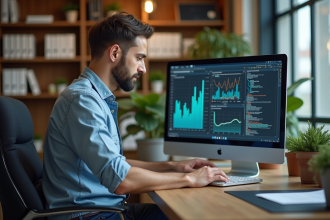 Homme analysant des graphiques sur un laptop dans un bureau moderne