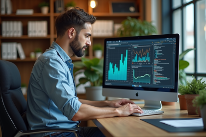 Homme analysant des graphiques sur un laptop dans un bureau moderne