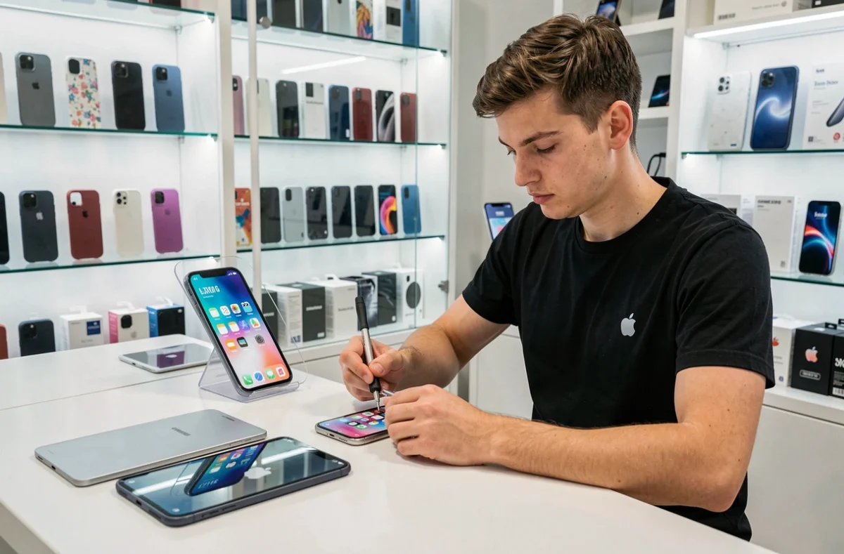 Technicien d'Apple-Box réparant l'écran d'un iPhone dans une boutique de réparation de smartphones à Lyon
