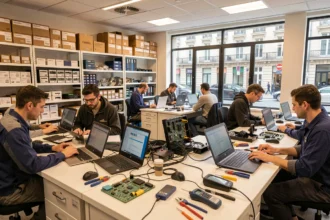 Vue d'ensemble d'un atelier de dépannage informatique professionnel dans le Rhône avec des techniciens au travail