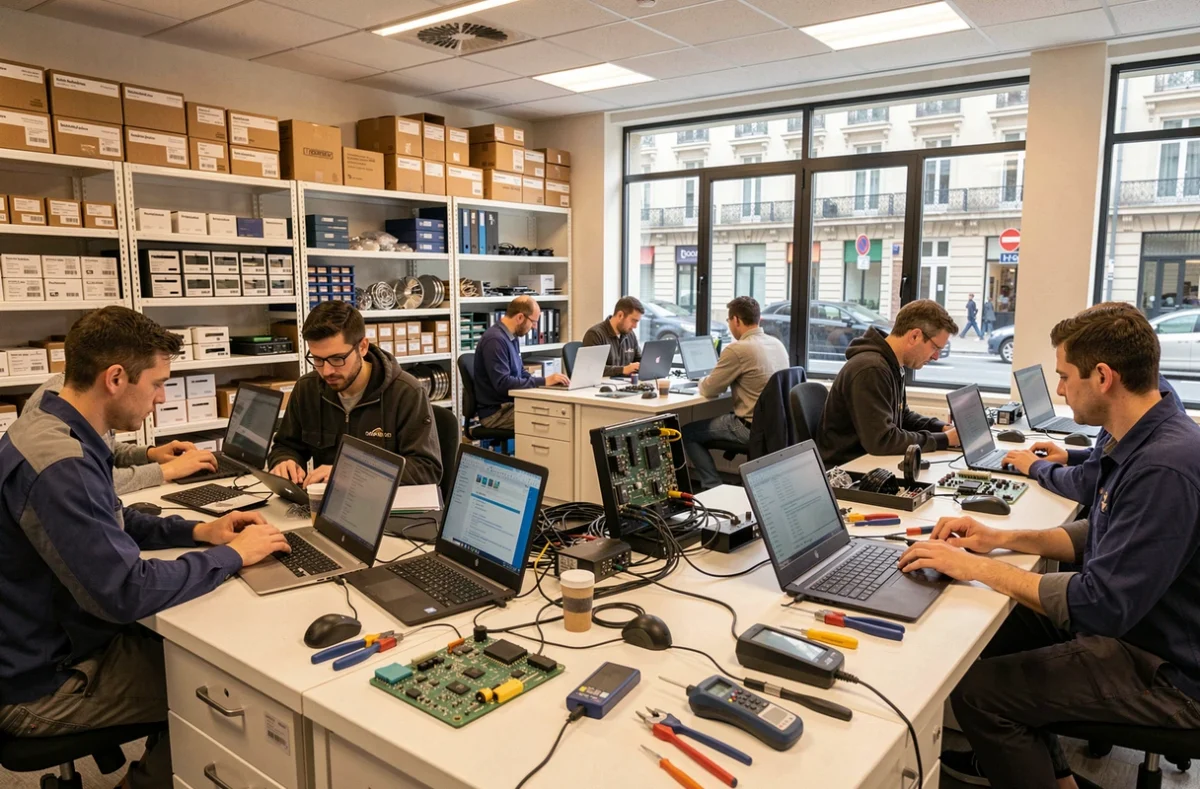 Vue d'ensemble d'un atelier de dépannage informatique professionnel dans le Rhône avec des techniciens au travail