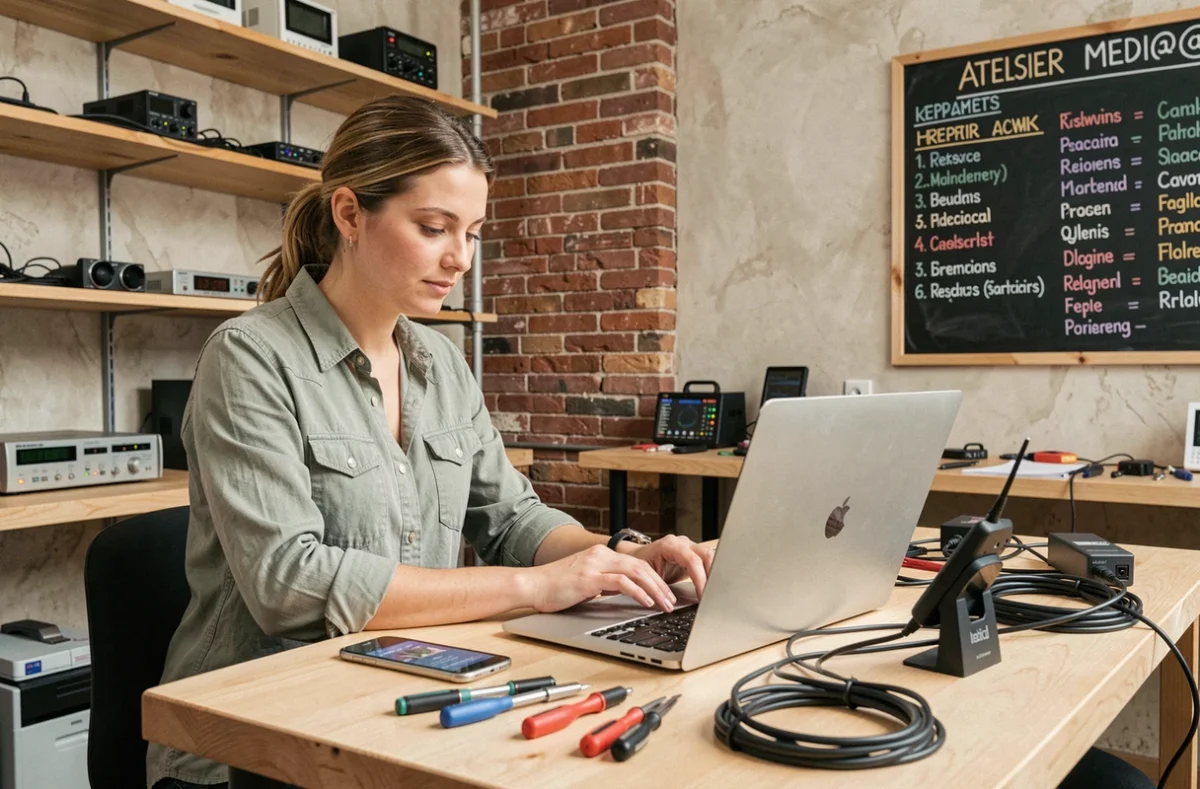 Technicienne de l'Atelier Medi@tik effectuant un diagnostic sur un smartphone et un ordinateur portable dans un atelier artisanal