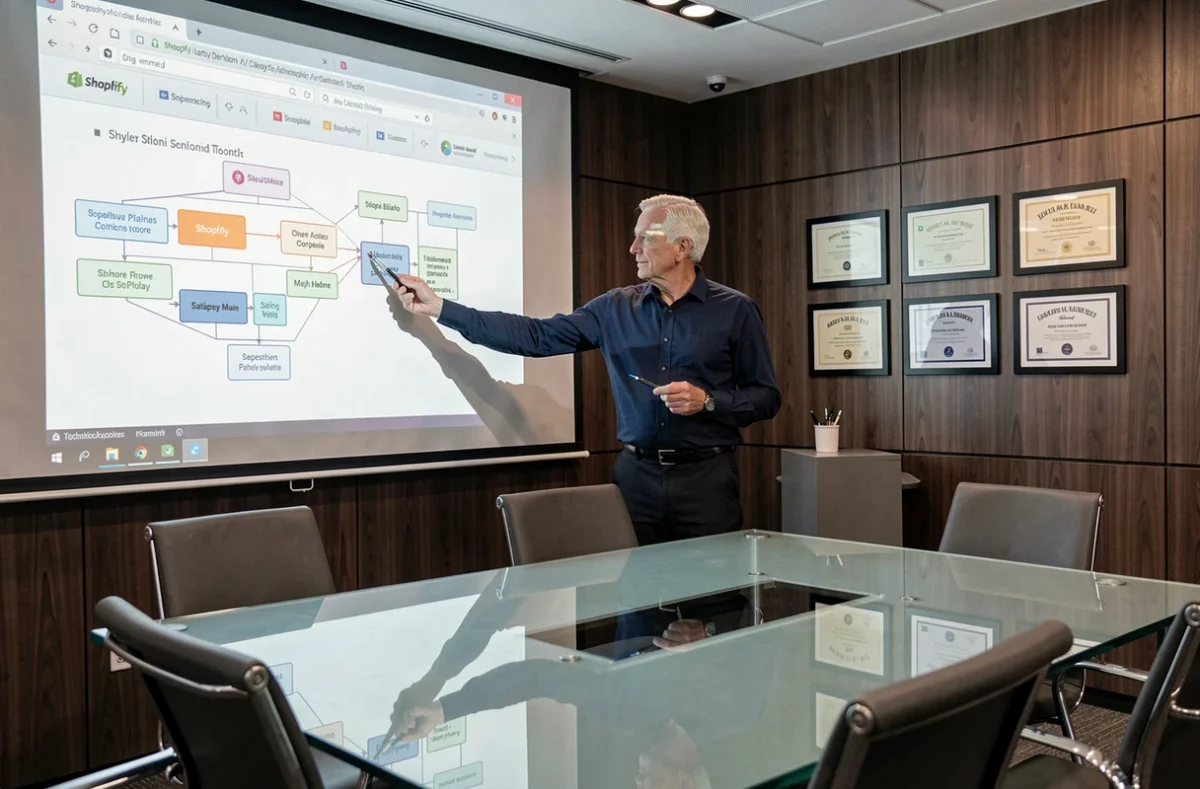 Architecte solutions Shopify Platinum d'Axome dirigeant un briefing technique sur un projet e-commerce complexe en salle de réunion