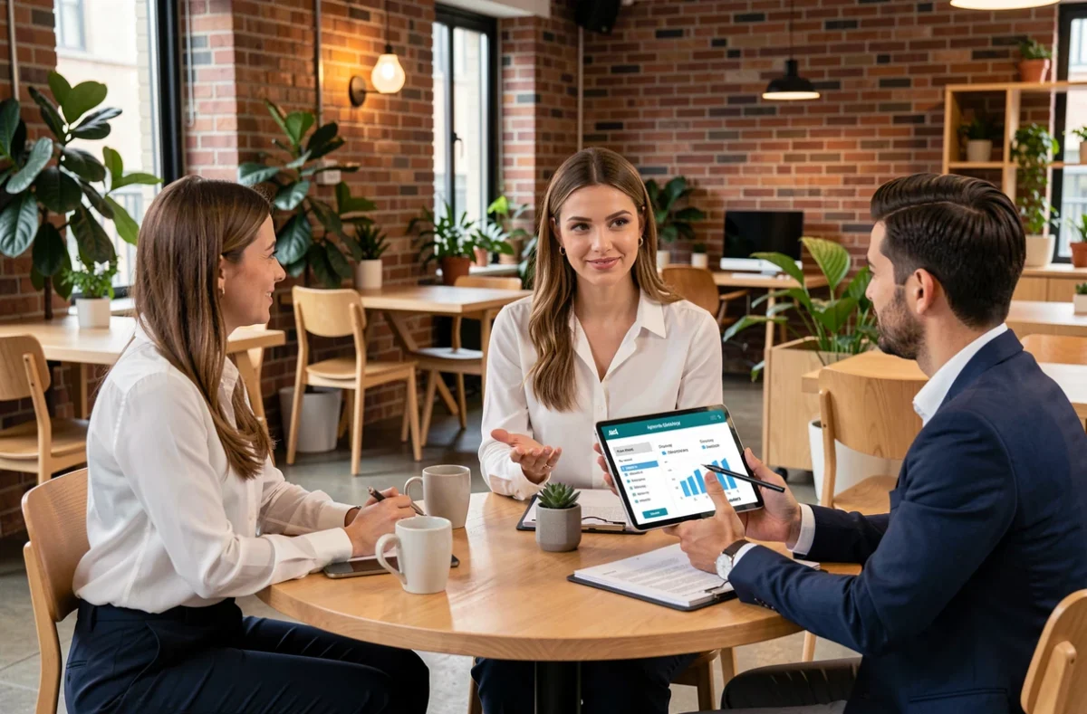 Consultante de Bridgeo présentant un audit comparatif d'agences Shopify à des professionnels autour d'une table