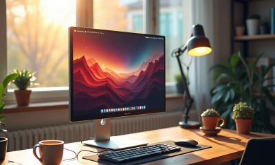Bureau moderne avec ordinateur et moniteur 1440p lumineux