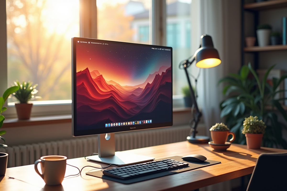 Bureau moderne avec ordinateur et moniteur 1440p lumineux