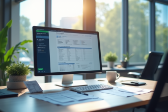 Bureau moderne avec écran OCR et documents lumineux