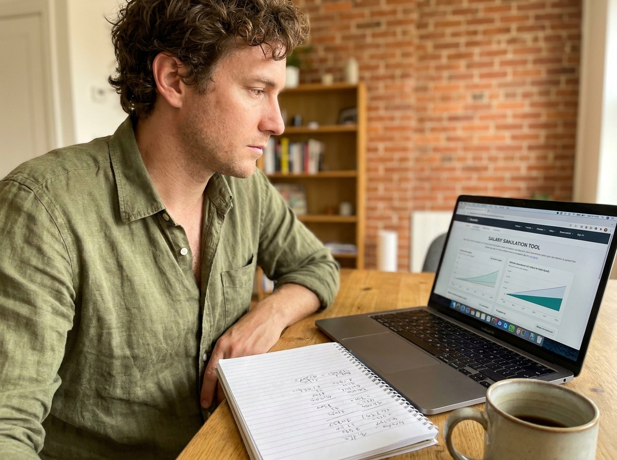 Freelance calculant ses frais et revenus nets en portage salarial depuis son bureau à domicile