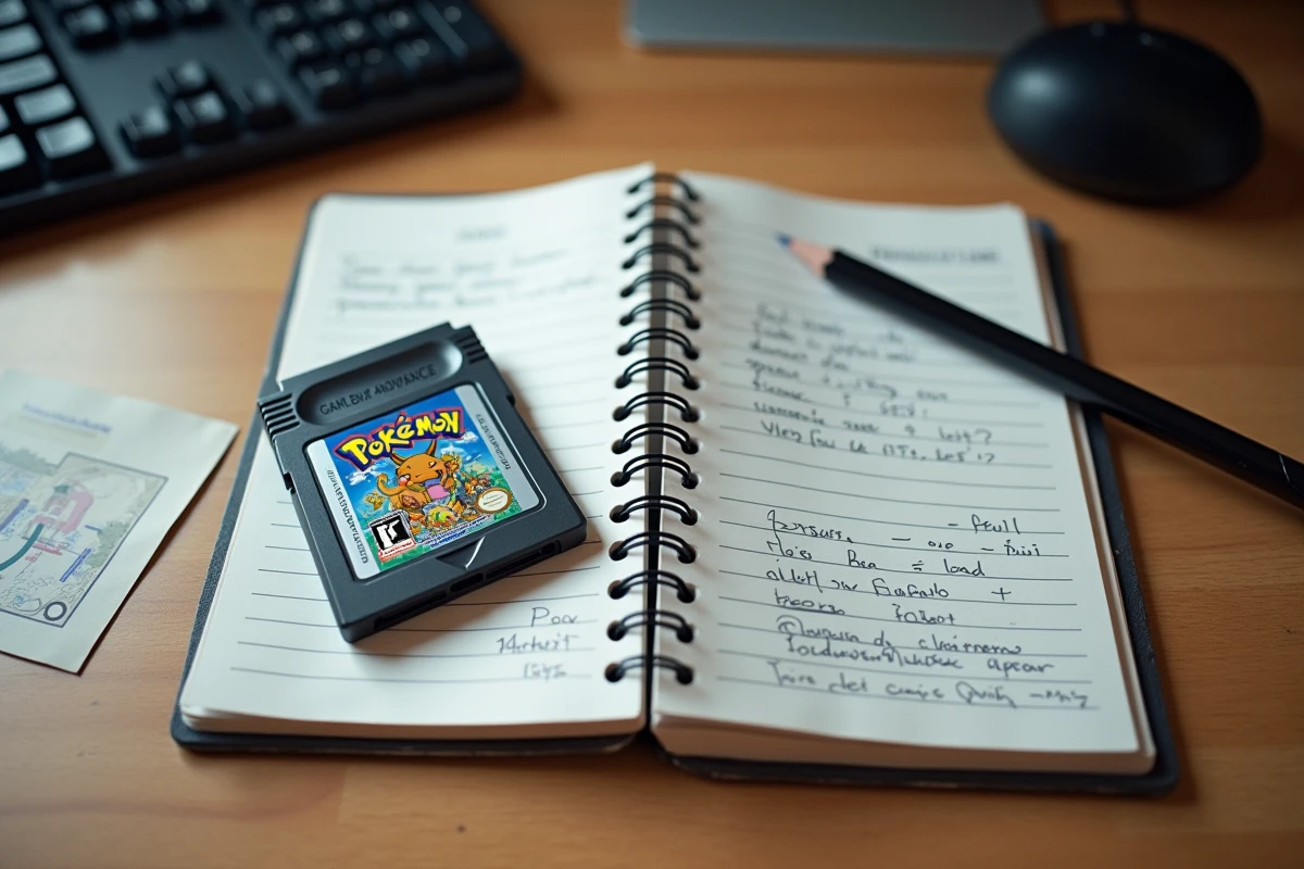 Vue en plongée d'une cartouche GBA Pokémon en français, d'un carnet de notes Nuzlocke et d'un crayon posés sur un bureau en bois