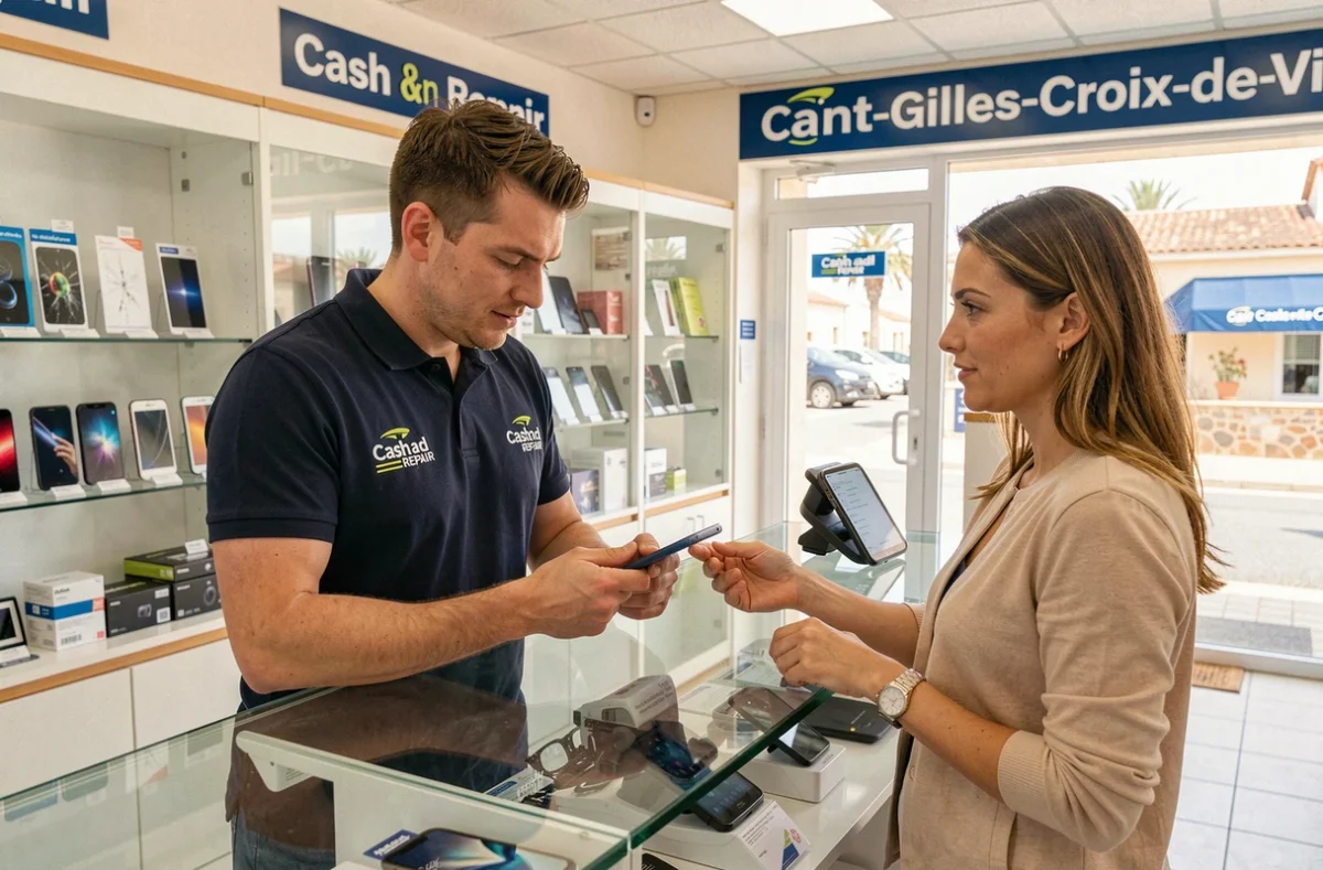 Technicien Cash and Repair Saint-Gilles-Croix-de-Vie présentant un écran réparé à une cliente au comptoir