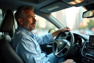 Chauffeur VTC homme dans sa voiture regardant dans le rétroviseur