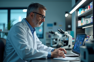 Chercheur en blouse dans un laboratoire médical moderne