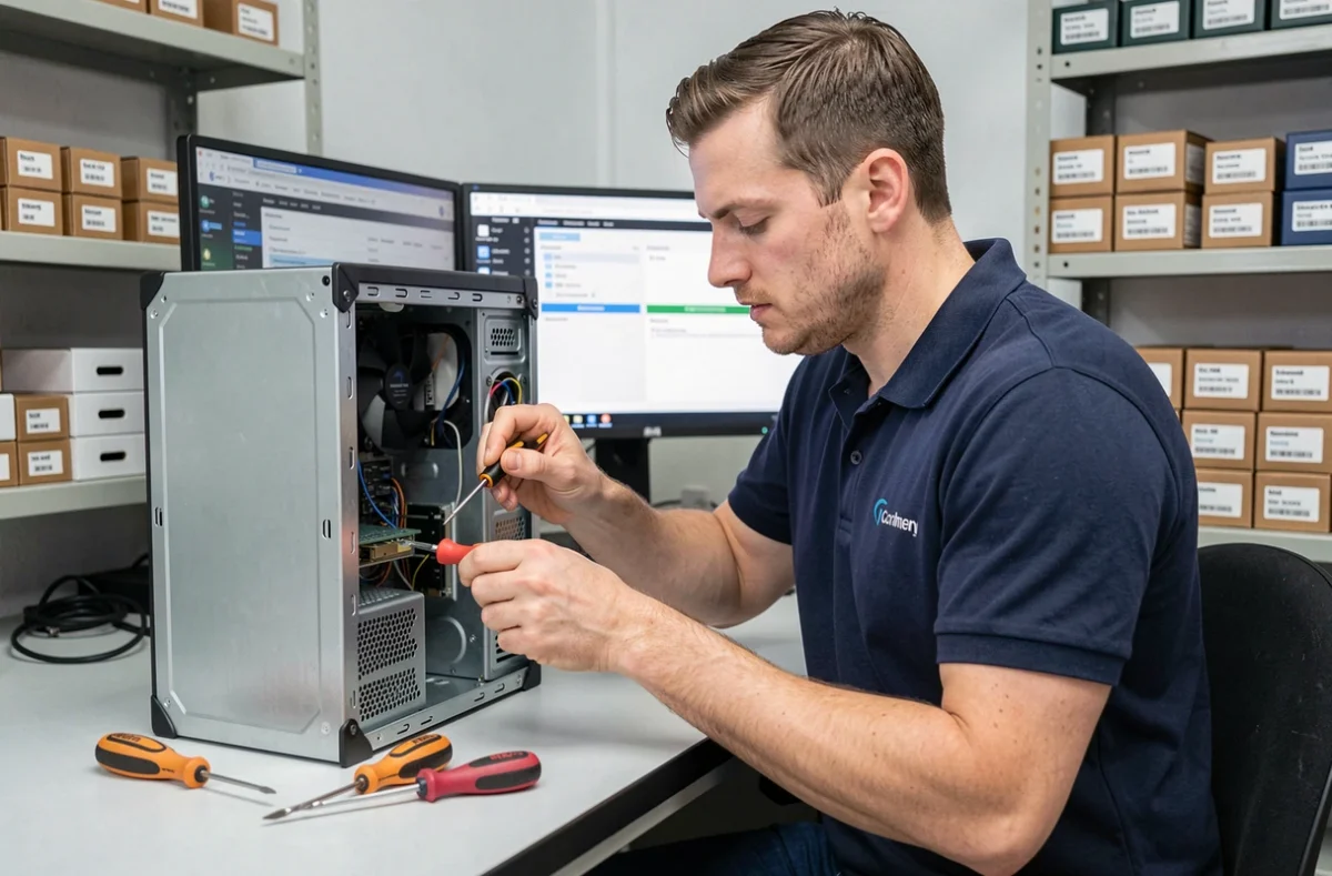 Technicien de CIMRA réparant un ordinateur de bureau dans un atelier informatique professionnel à Lyon