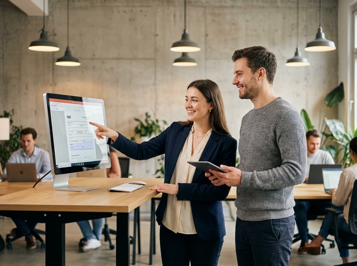 Deux collègues collaborant sur la création d'un formulaire PDF interactif sur écran tactile dans un espace de coworking