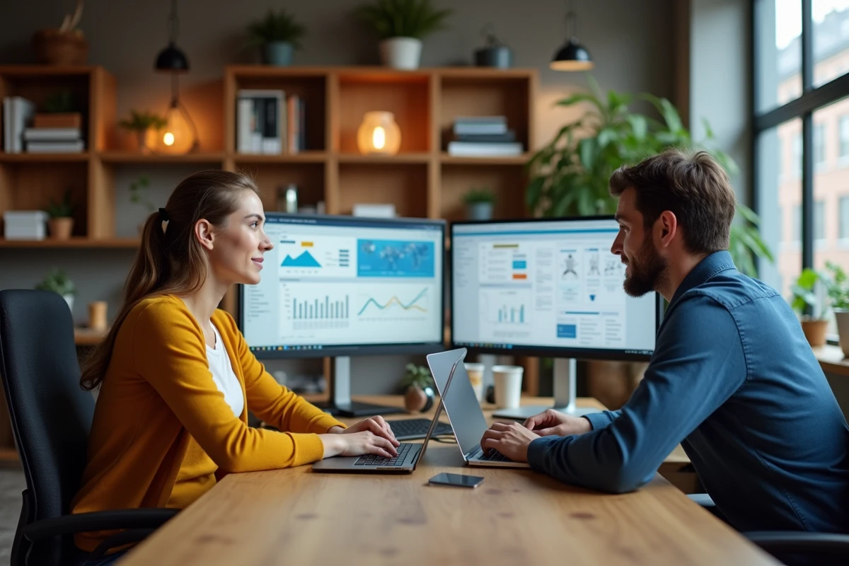 Deux collègues collaborant sur des modèles de tarification en intelligence artificielle et des stratégies d'économie dans un espace de coworking