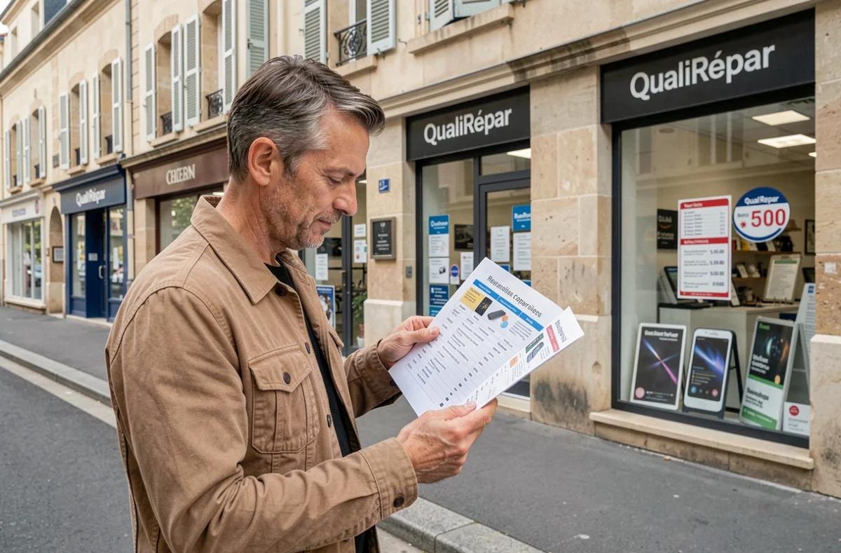 Un habitant des Hauts-de-Seine consultant un guide comparatif devant plusieurs boutiques de réparation de smartphones pour faire le bon choix