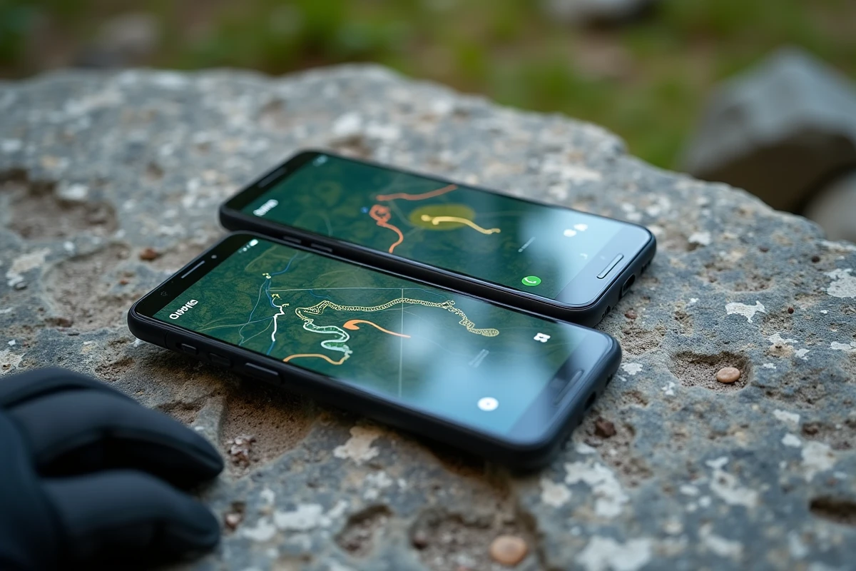 Comparaison de deux applications de lecture GPX sur smartphones Android posés sur un rocher en plein air
