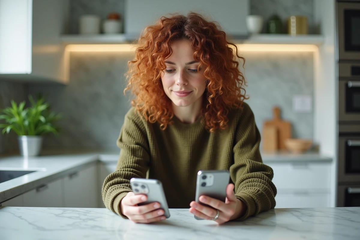 Femme comparant un iPhone 16 reconditionné et un neuf sur un comptoir de cuisine en marbre