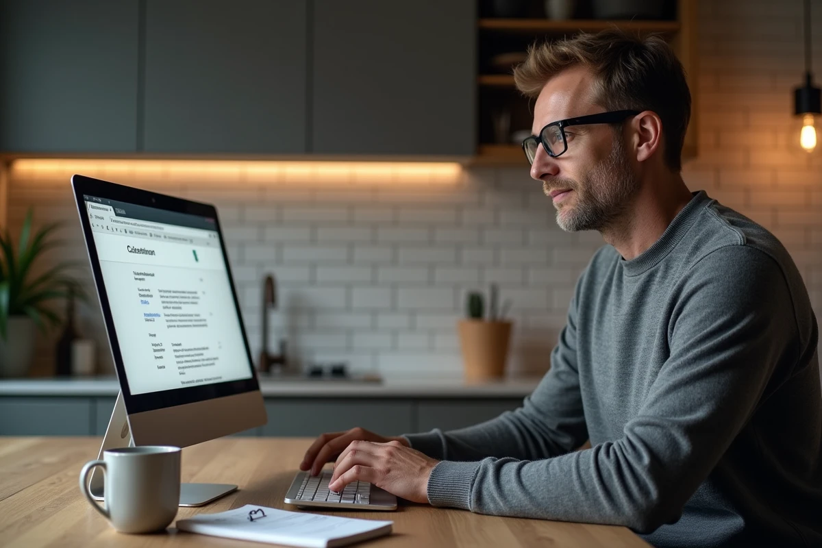 Homme comparant les interfaces de webmail Clermont et messagerie académique sur un ordinateur à domicile