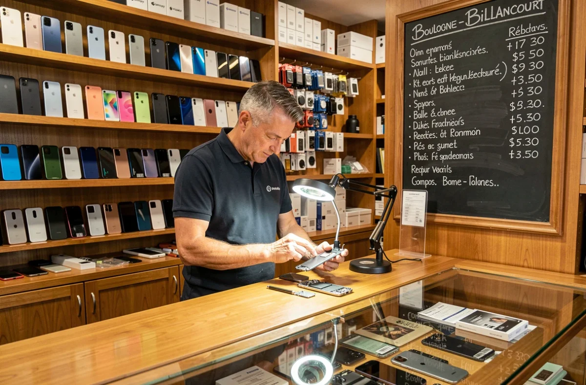 Boutique multimarque Le Comptoir des Mobiles de Boulogne-Billancourt avec un technicien expert examinant un smartphone démonté