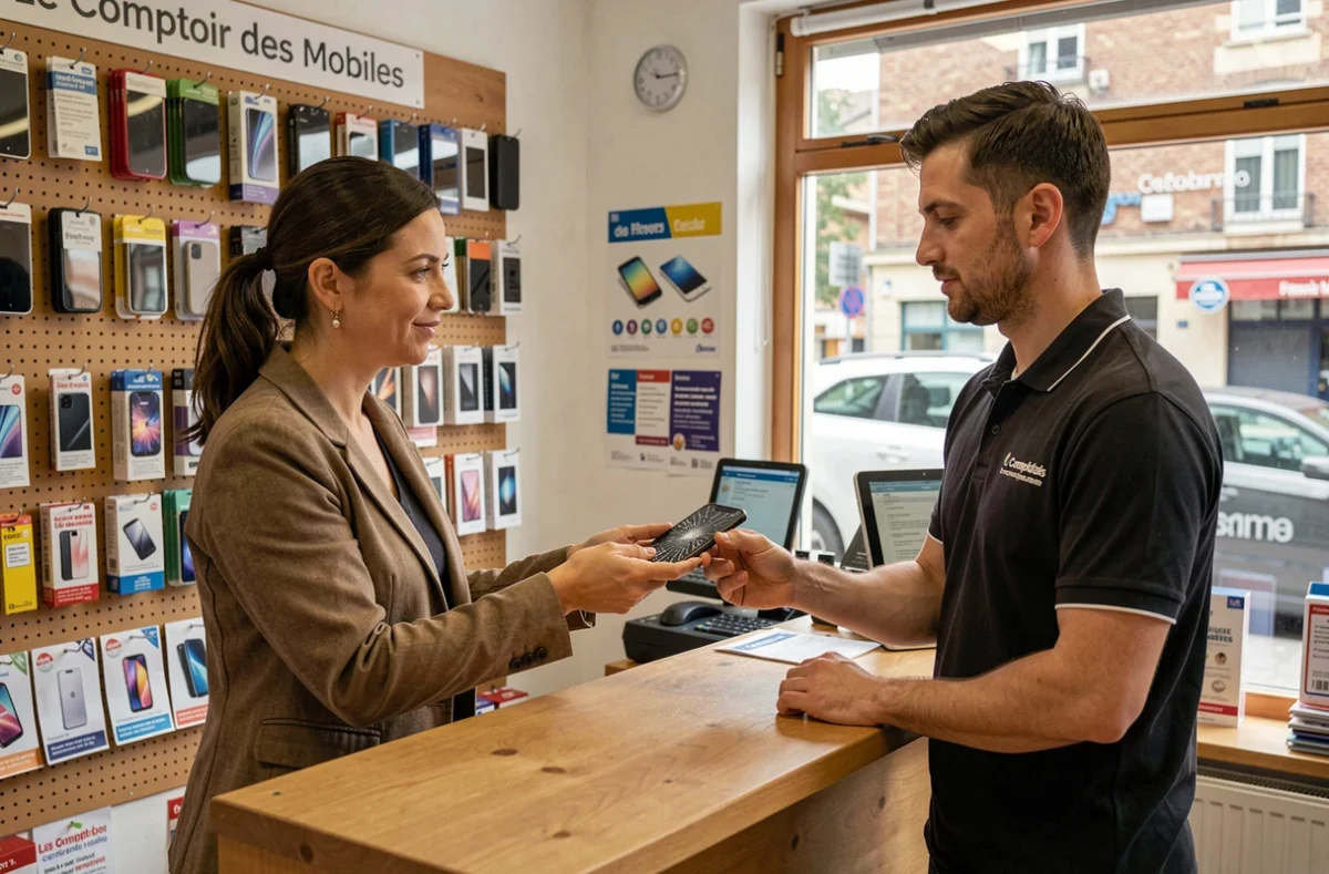 Cliente déposant son smartphone endommagé au comptoir du Comptoir des Mobiles dans les Hauts-de-Seine