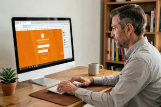 Homme configurant le portail Orange sur un ordinateur de bureau dans un bureau à domicile moderne
