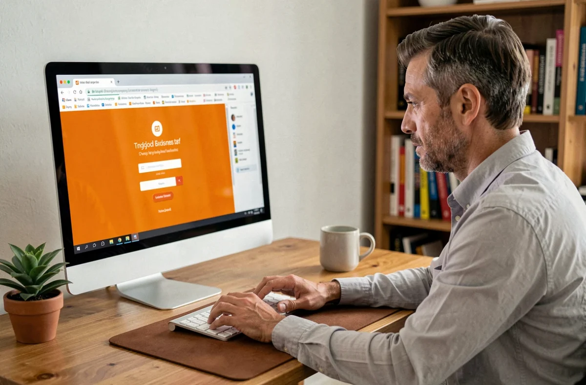 Homme configurant le portail Orange sur un ordinateur de bureau dans un bureau à domicile moderne