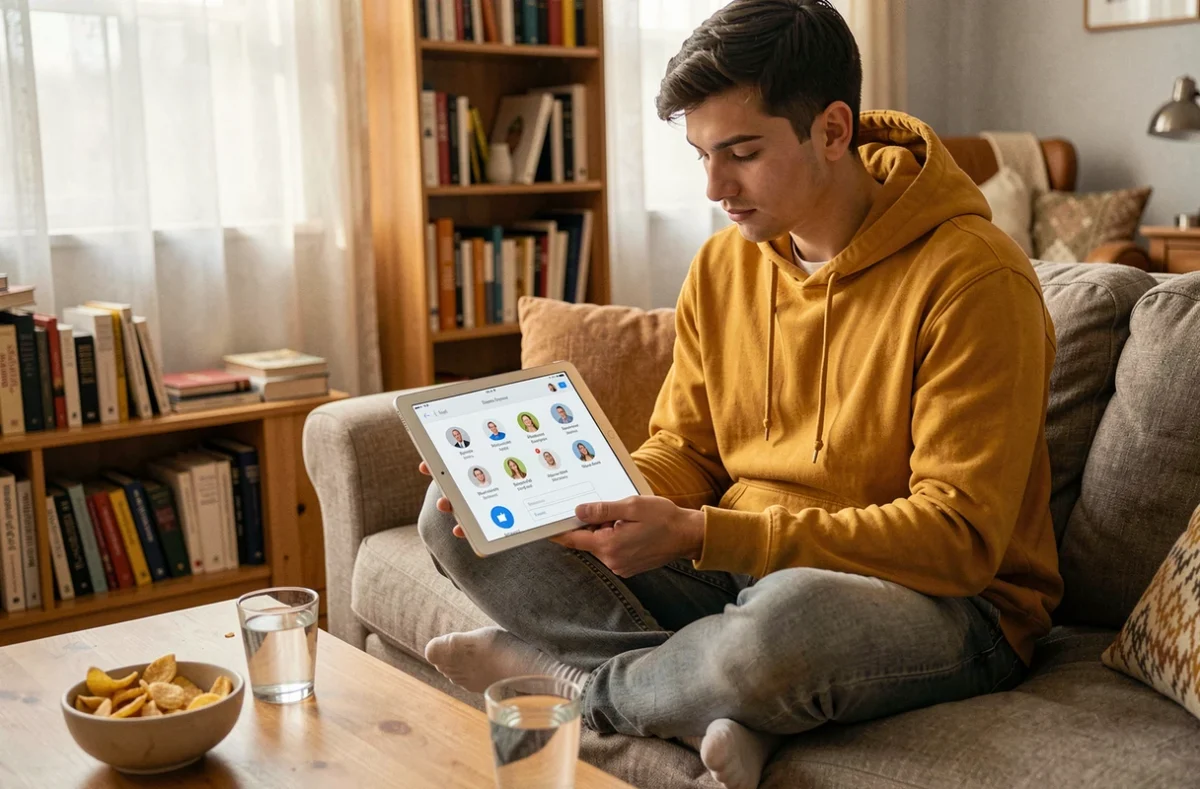 Jeune adulte se connectant à plusieurs comptes AOL Webmail depuis une tablette dans un salon chaleureux