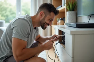 Homme connectant un câble ethernet à la box SFR fibre dans un salon moderne