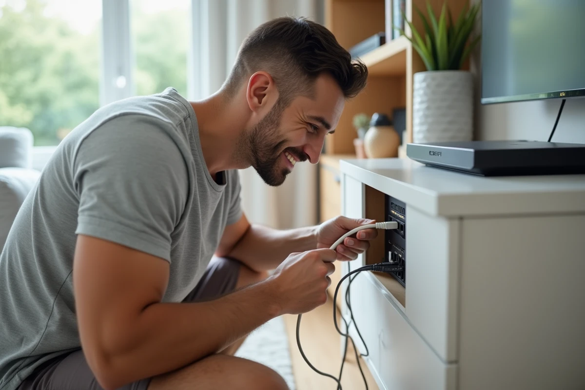 Homme connectant un câble ethernet à la box SFR fibre dans un salon moderne
