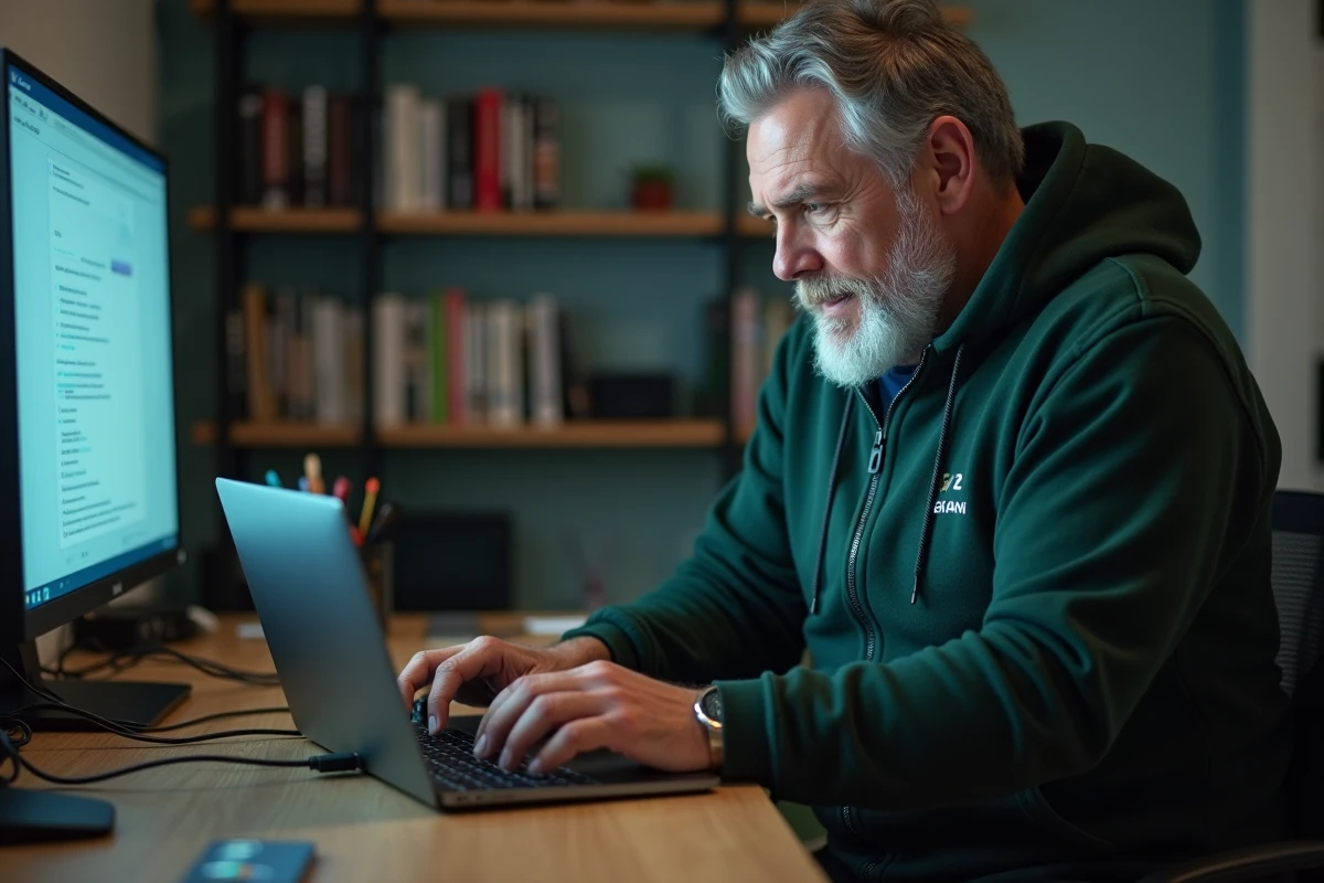 Homme connectant un ordinateur portable à la box SFR fibre dans un bureau à domicile