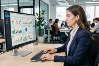 Femme professionnelle configurant un tableau de bord BI sur un écran d'ordinateur dans un bureau moderne