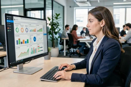 Femme professionnelle configurant un tableau de bord BI sur un écran d'ordinateur dans un bureau moderne
