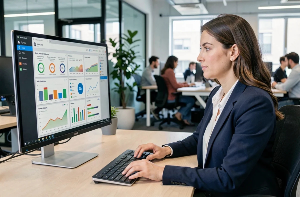 Femme professionnelle configurant un tableau de bord BI sur un écran d'ordinateur dans un bureau moderne