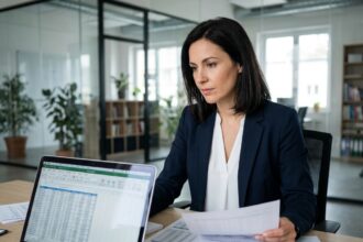 Consultante indépendante en portage salarial examinant des documents financiers dans un bureau moderne