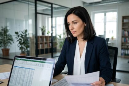 Consultante indépendante en portage salarial examinant des documents financiers dans un bureau moderne