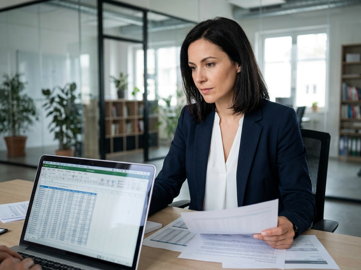 Consultante indépendante en portage salarial examinant des documents financiers dans un bureau moderne