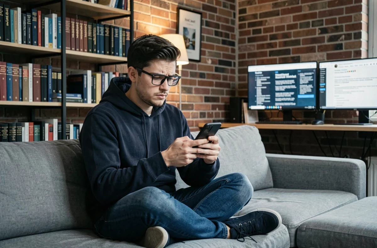 Jeune homme consultant des stories Instagram sur son téléphone en réfléchissant aux aspects juridiques des outils tiers