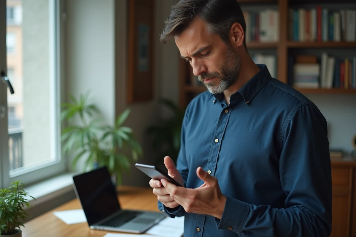 Homme consultant sa messagerie AOL sur iPhone dans un bureau à domicile