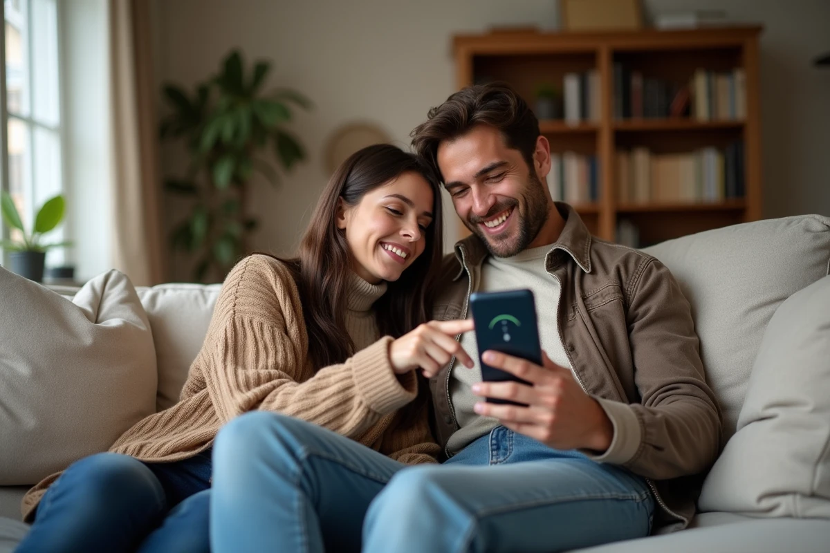 Couple configurant ensemble l'application Mel AC Normandie sur smartphone dans un salon moderne